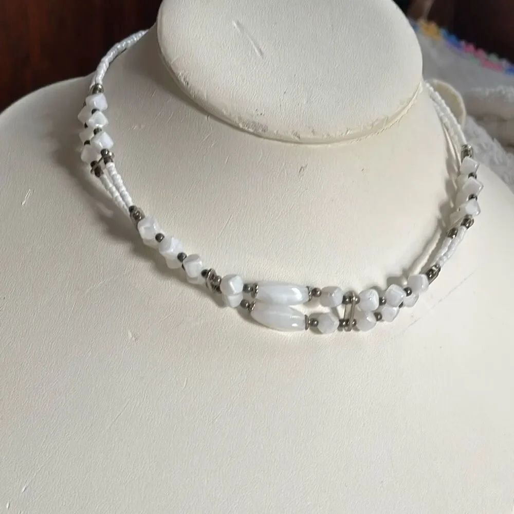Vintage white mother of pearl beaded two strand choker 14”.
